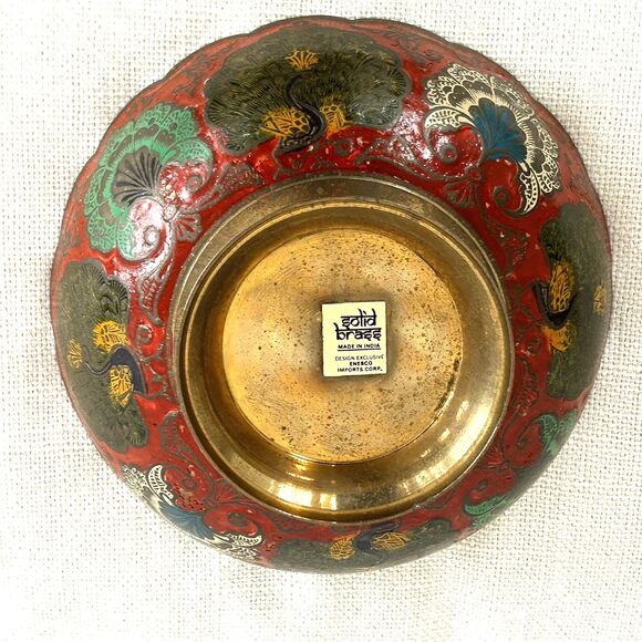 Vintage Solid Brass Bowl Enameled Peacock Colorful Footed Made in India Scallop - Picture 4 of 7